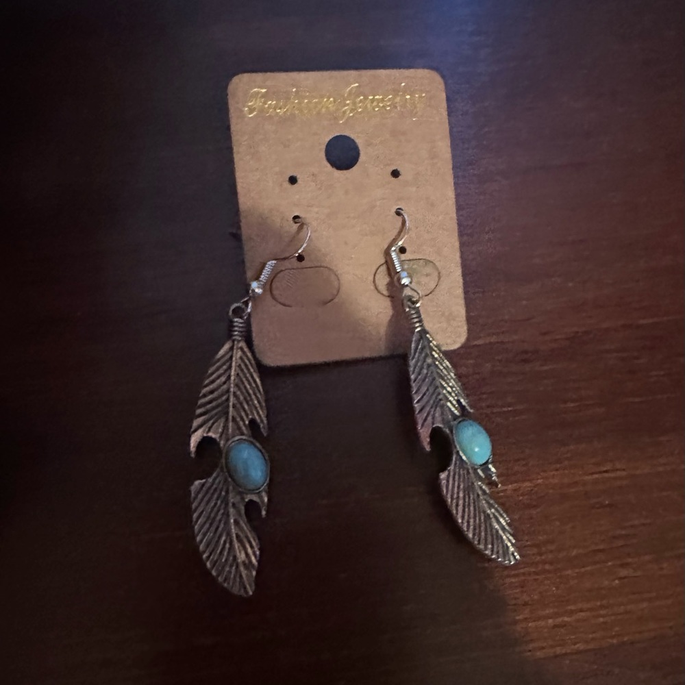 Boho Silver tone Boho Feather & Turquoise Earrings NWT‎